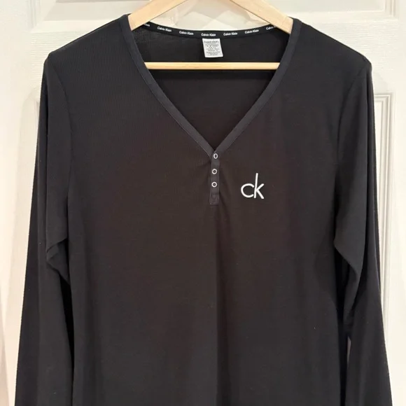 Calvin Klein Black Long Sleeve Ribbed CK Logo Sleep Shirt Nightgown Women Sz XL - Picture 4 of 8